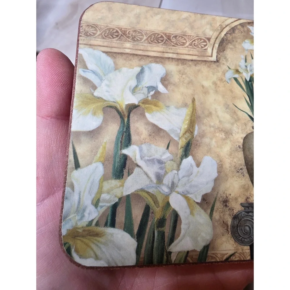 Pimpernel Coasters Set of 5 White Iris Floral Cork Back Made in‎ England E2